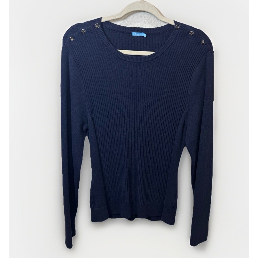 J McLaughlin Navy Blue Ribbed Knit Sweater XL Shoulder Button Cotton Classic